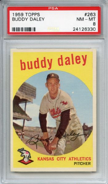 1959 Topps 263 Buddy Daley White Back PSA NM-MT 8