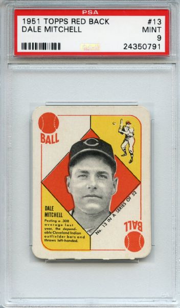 1951 Topps Red Back 13 Dale Mitchell PSA MINT 9