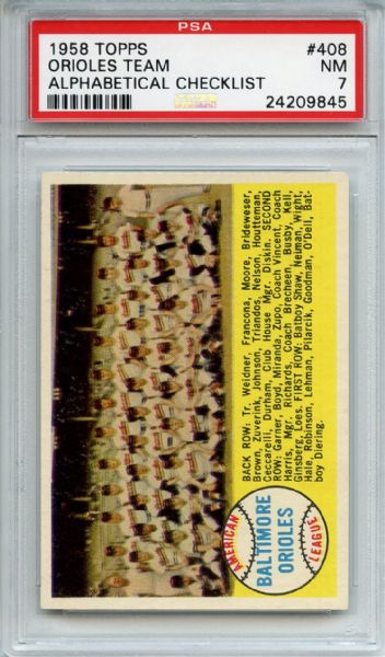 1958 Topps 408 Baltimore Orioles Team Alphabetical PSA NM 7