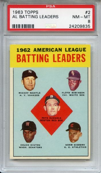 1963 Topps 2 AL Batting Leaders Mickey Mantle PSA NM-MT 8