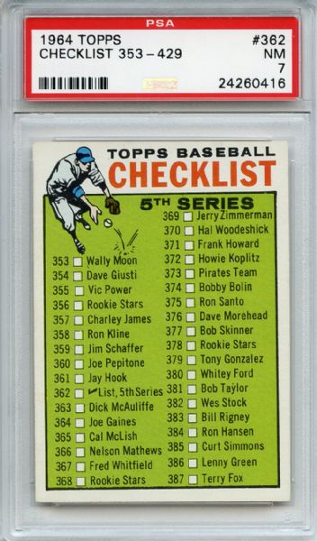 1964 Topps 362 5th Series Checklist PSA NM 7