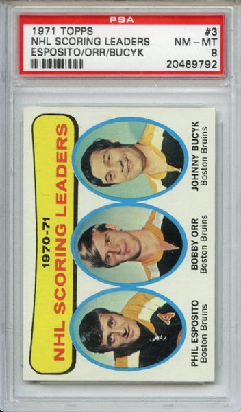 1971 Topps 3 NHL Scoring Leaders Esposito Orr Bucyk PSA NM-MT 8