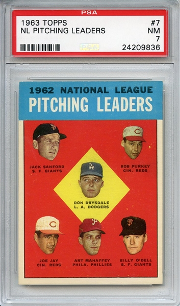 1963 Topps 7 NL Pitching Leaders Drysdale PSA NM 7