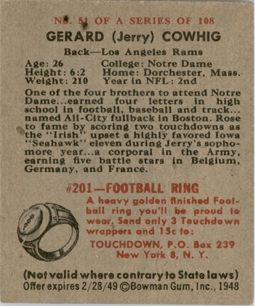 1948 Bowman 51 Gerald Cowhig SP RC EX-MT #D322735