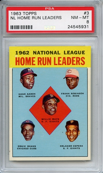1963 Topps 3 NL Home Run Leaders Mays Aaron Robinson Banks Cepeda PSA NM-MT 8