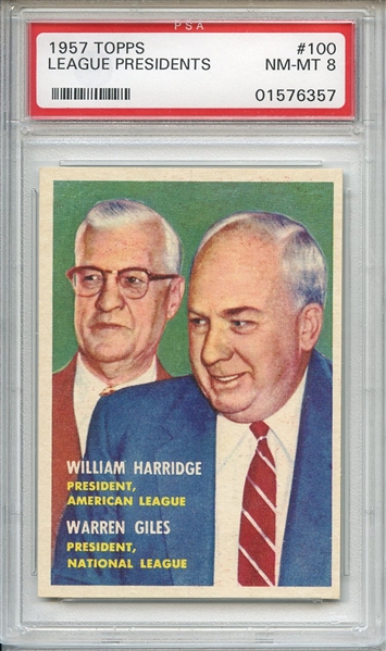 1957 Topps 100 League Presidents Harridge Giles PSA NM-MT 8