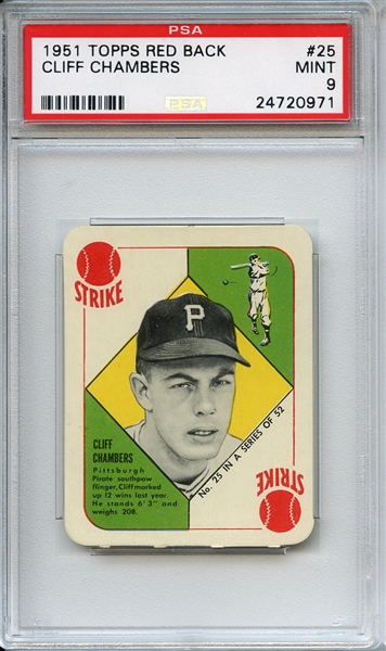 1951 Topps Red Back 25 Cliff Chambers PSA MINT 9