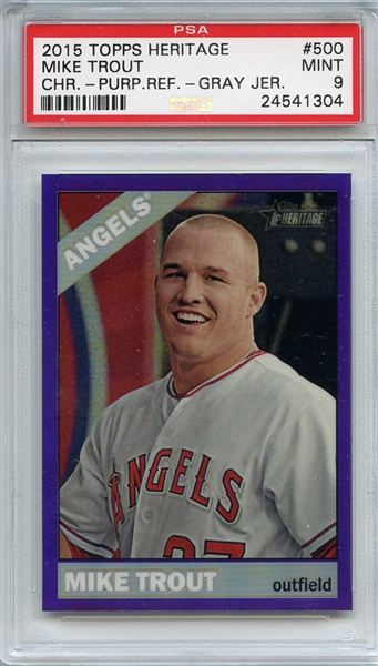 2015 Topps Heritage Chrome Purple Refractor Grey Jer 500 Mike Trout PSA MINT 9