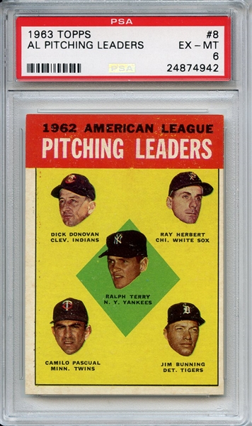 1963 Topps 8 AL Pitching Leaders Bunning PSA EX-MT 6