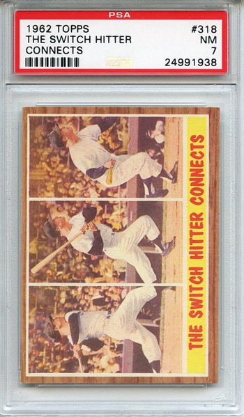 1962 Topps 318 The Switch Hitter Connects Mickey Mantle PSA NM 7