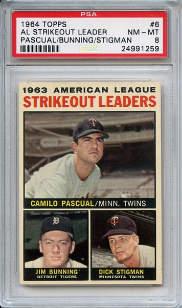 1964 Topps 6 AL Strikeout Leaders Bunning PSA NM-MT 8