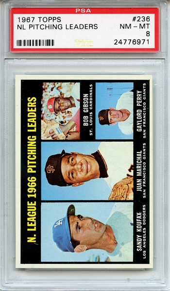 1967 Topps 236 NL Pitching Leaders Koufax Marichal Gibson Drysdale PSA NM-MT 8