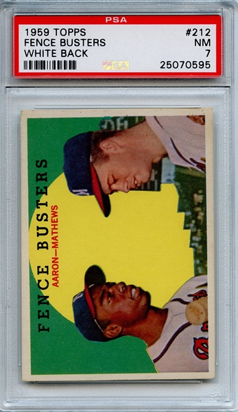 1959 Topps 212 Fence Busters Aaron Mathews White Back PSA NM 7