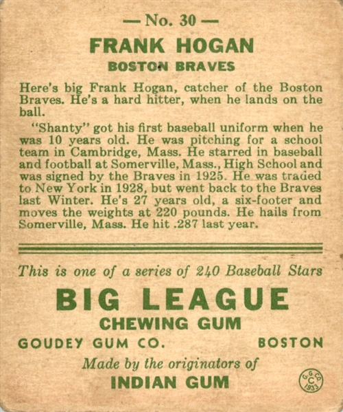1933 Goudey 30 Frank Hogan RC VG #D359398