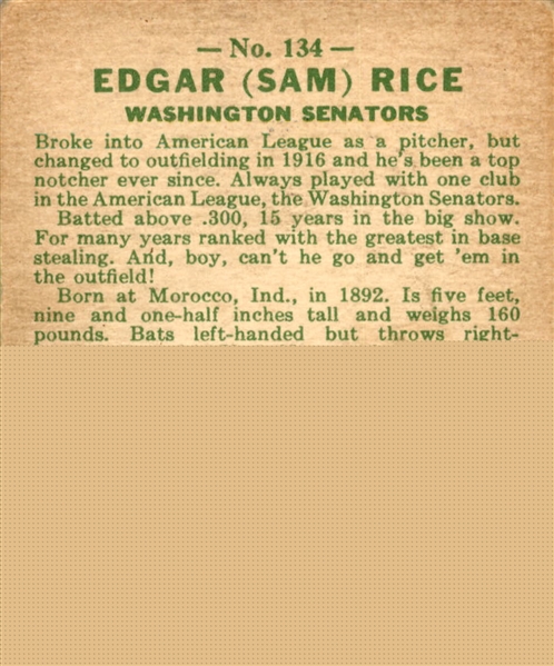1933 Goudey 134 Sam Rice RC VG #D359464