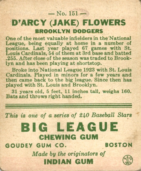 1933 Goudey 151 Jake Flowers RC VG #D359476