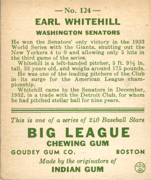 1933 Goudey 124 Earl Whitehill RC VG-EX #D362302