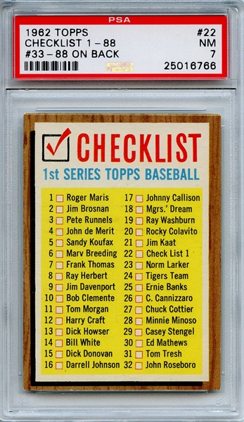 1962 Topps 22 1st Series Checklist PSA NM 7