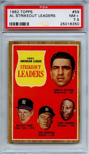 1962 Topps 59 AL Strikeout Leaders Ford Bunning PSA NM+ 7.5