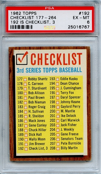 1962 Topps 192 3rd Series Checklist PSA EX-MT 6