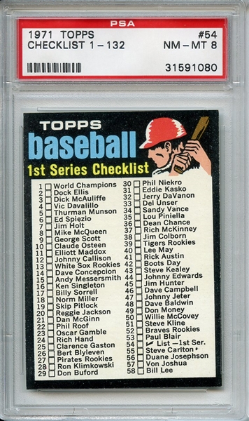 1971 Topps 54 1st Series Checklist PSA NM-MT 8