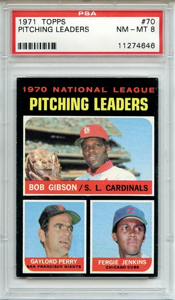 1971 Topps 70 NL Pitching Leaders Gibson Perry Jenkins PSA NM-MT 8