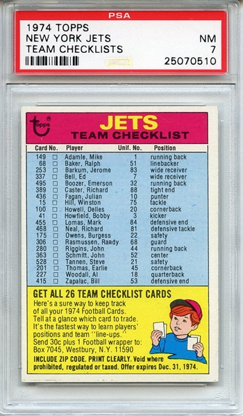 1974 Topps Team Checklist New York Jets PSA NM 7