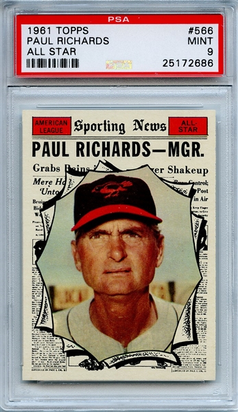 1961 Topps 566 Paul Richards All Star PSA MINT 9