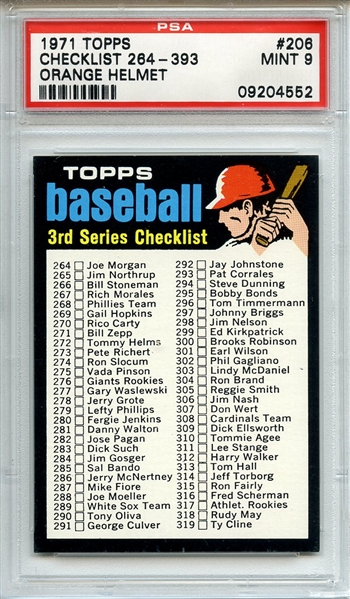 1971 Topps 206 3rd Series Checklist PSA MINT 9