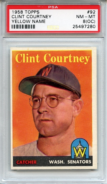 1958 Topps 92 Clint Courtney Yellow Name PSA NM-MT 8 (OC)