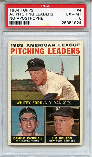 1964 Topps 4 AL Pitching Leaders No Apostrophe Ford PSA EX-MT 6