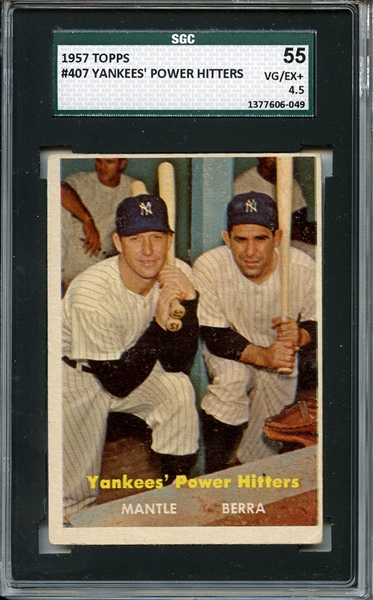 1957 Topps 407 New York Yankees Power Hitters Mantle Berra SGC VG/EX+ 55 / 4.5