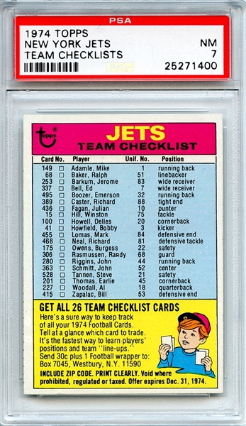 1974 Topps Team Checklists New York Jets PSA NM 7