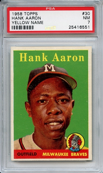 1958 Topps 30 Hank Aaron Yellow Name PSA NM 7