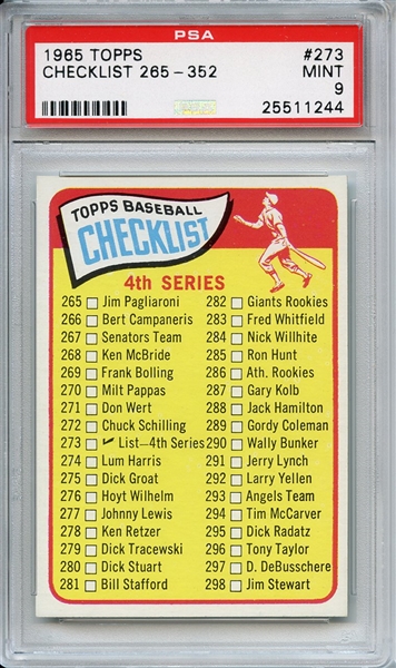 1965 Topps 273 4th Series Checklist PSA MINT 9