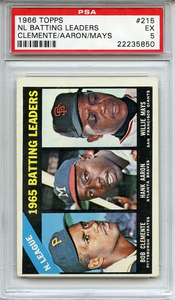 1966 Topps 215 NL Batting Leaders Clemente Aaron Mays PSA EX 5