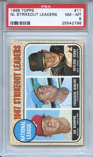 1968 Topps 11 NL Stikeout Leaders Bunning Jenkins Perry PSA NM-MT 8