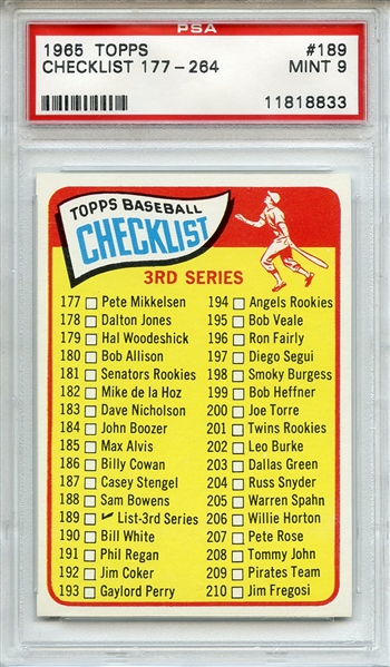 1965 Topps 189 3rd Series Checklist PSA MINT 9