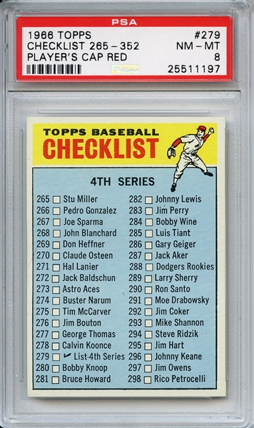 1966 Topps 279 4th Series Checklist Red Cap PSA NM-MT 8