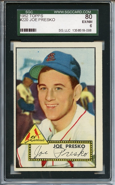 1952 Topps 220 Joe Presko SGC EX/MT 80 / 6