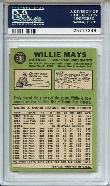 1967 Topps 200 Willie Mays PSA MINT 9