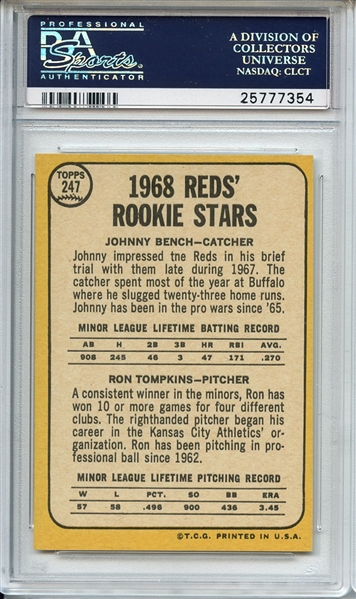 1968 Topps 247 Johnny Bench RC PSA MINT 9
