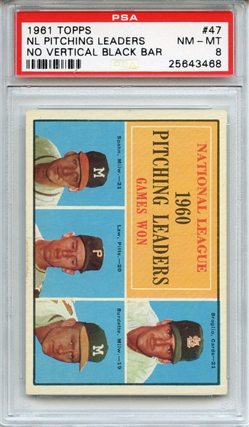 1961 Topps 47 NL Pitching Leaders Spahn No Vertical Bar PSA NM-MT 8