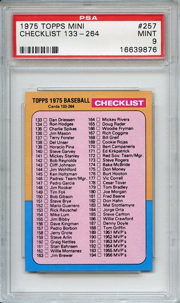 1975 Topps Mini 257 Checklist PSA MINT 9