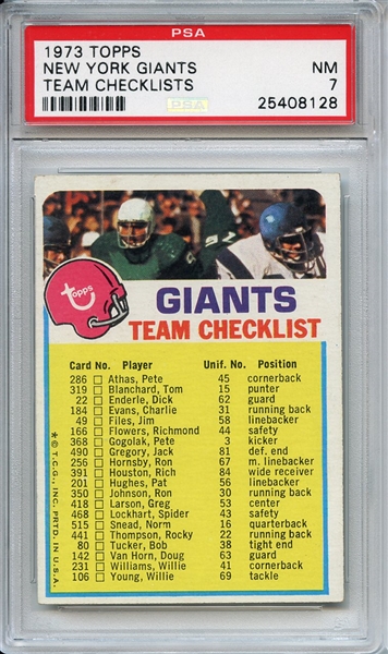 1973 Topps New York Giants Team Checklist PSA NM 7