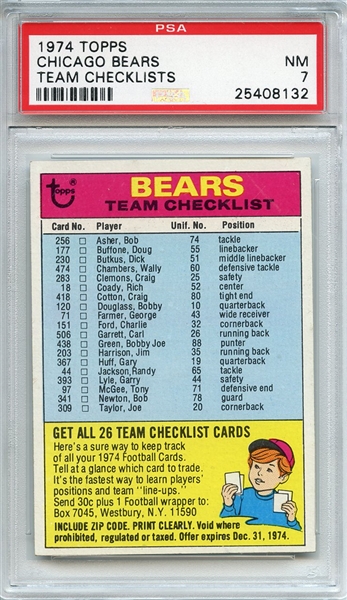1974 Topps Chicago Bears Team Checklist PSA NM 7