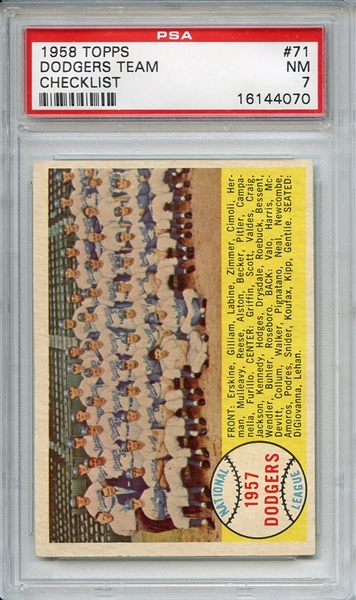 1958 Topps 71 Los Angeles Dodgers Team PSA NM 7