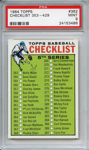 1964 Topps 362 5th Series Checklist PSA MINT 9