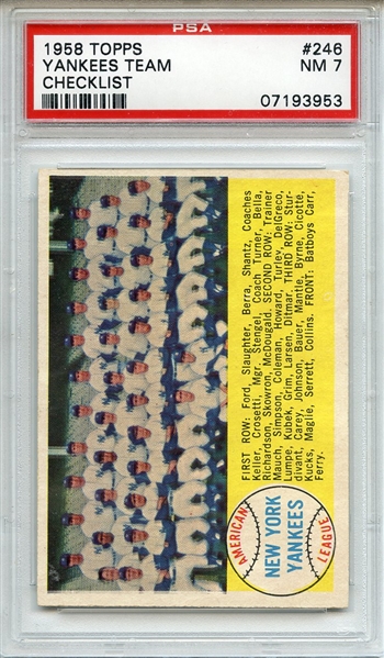 1958 Topps 246 New York Yankees Team PSA NM 7