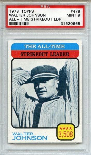 1973 Topps 478 Walter Johnson All Time Strikeout Leader PSA MINT 9